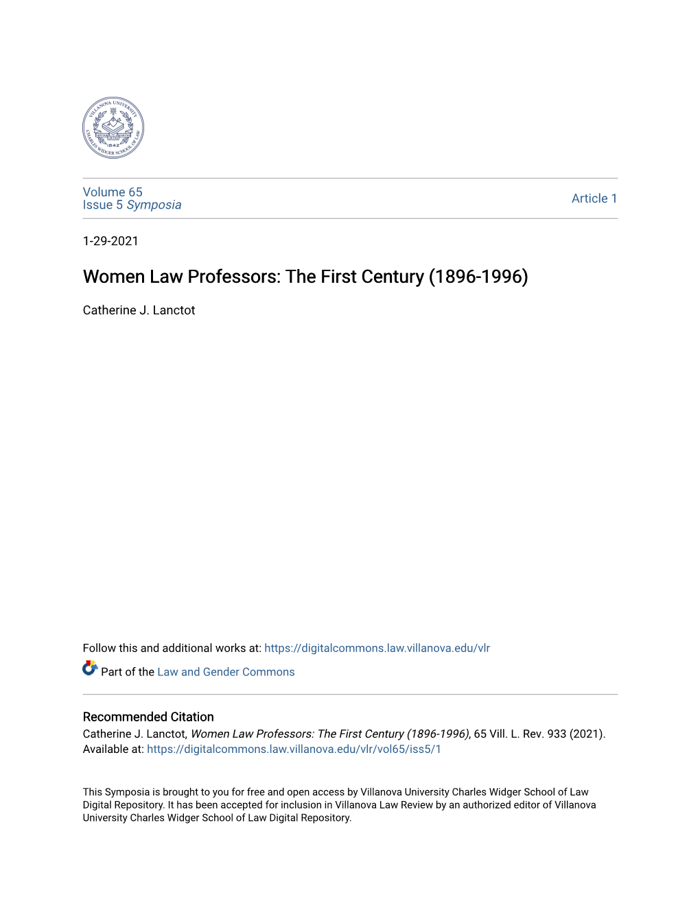 Women Law Professors: the First Century (1896-1996)