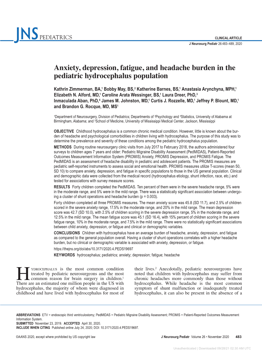 Anxiety, Depression, Fatigue, and Headache Burden in the Pediatric Hydrocephalus Population