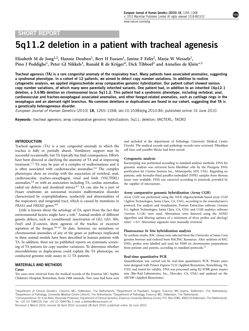 5Q11.2 Deletion in a Patient with Tracheal Agenesis