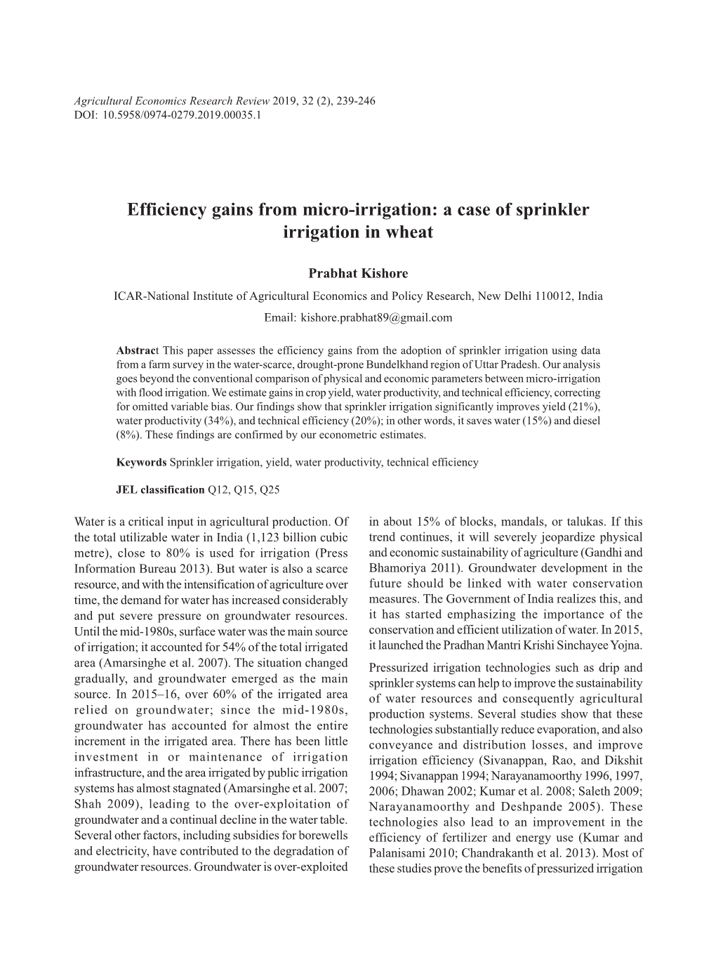 Efficiency Gains from Micro-Irrigation: a Case of Sprinkler Irrigation in Wheat