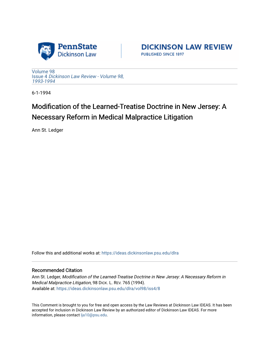 Modification of the Learned-Treatise Doctrine in New Jersey: a Necessary Reform in Medical Malpractice Litigation