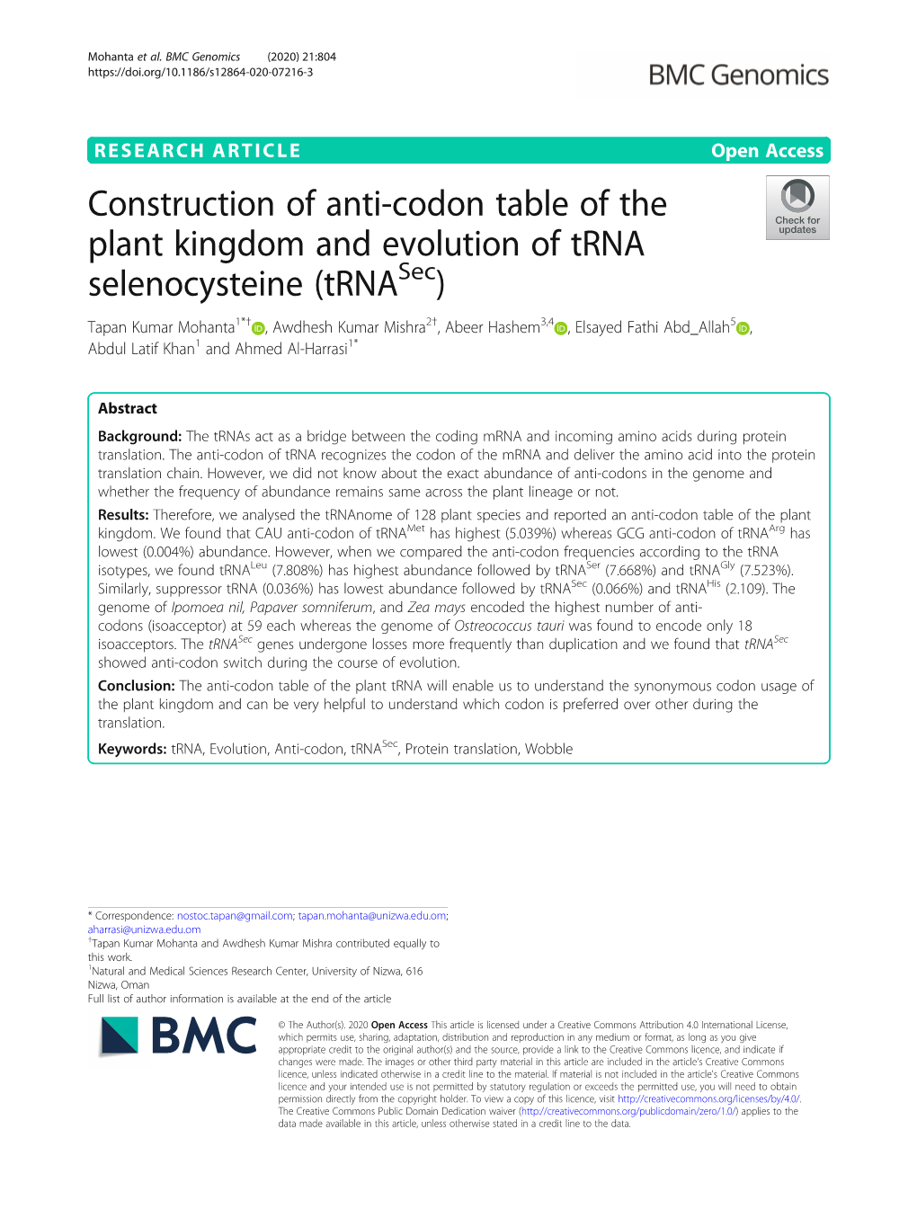 Construction of Anti-Codon Table of the Plant Kingdom and Evolution Of