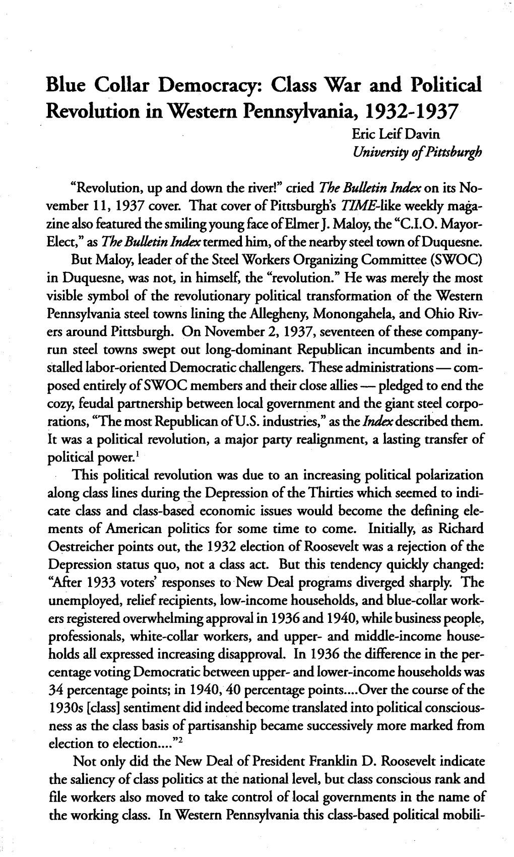 Class War and Political Revolution in Western Pennsylvania, 1932-1937 Eric Leif Davin University Ofpittsburgh