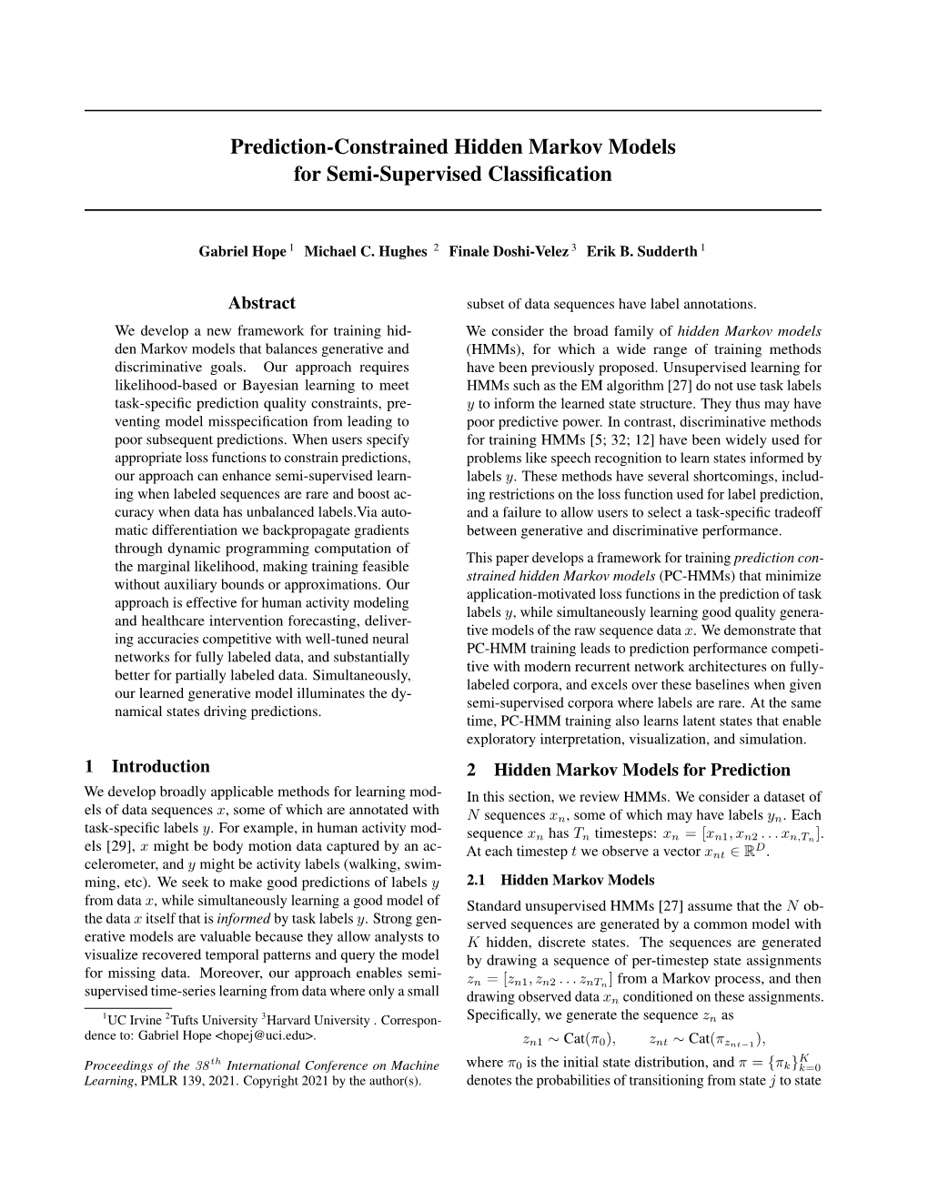 Prediction-Constrained Hidden Markov Models for Semi-Supervised Classiﬁcation