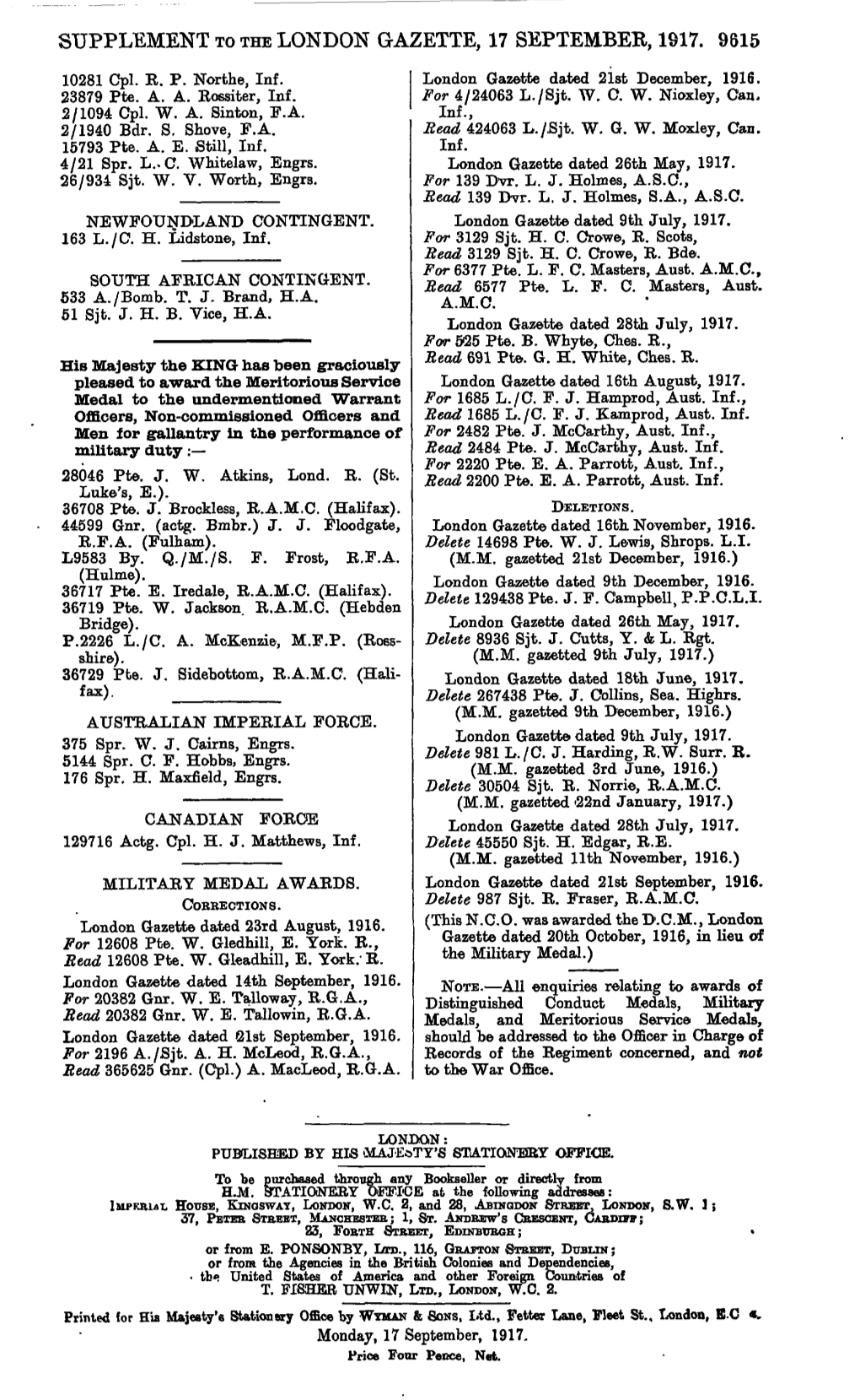 Supplement to the London Gazette, 17 September, 1917