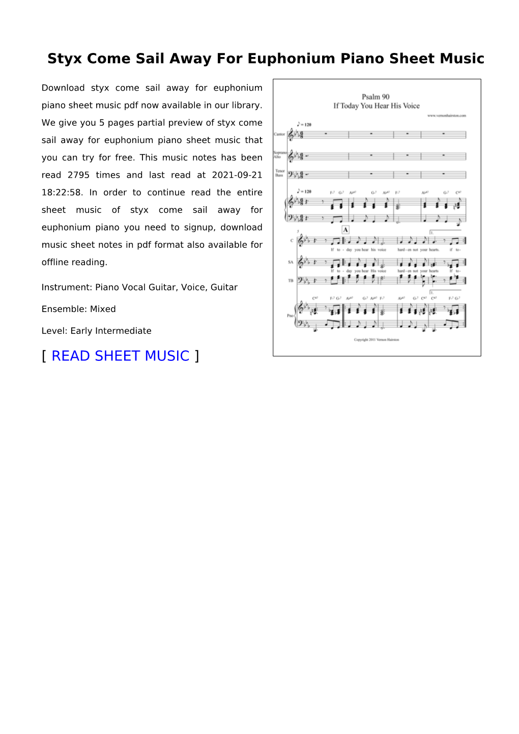 Styx Come Sail Away for Euphonium Piano Sheet Music