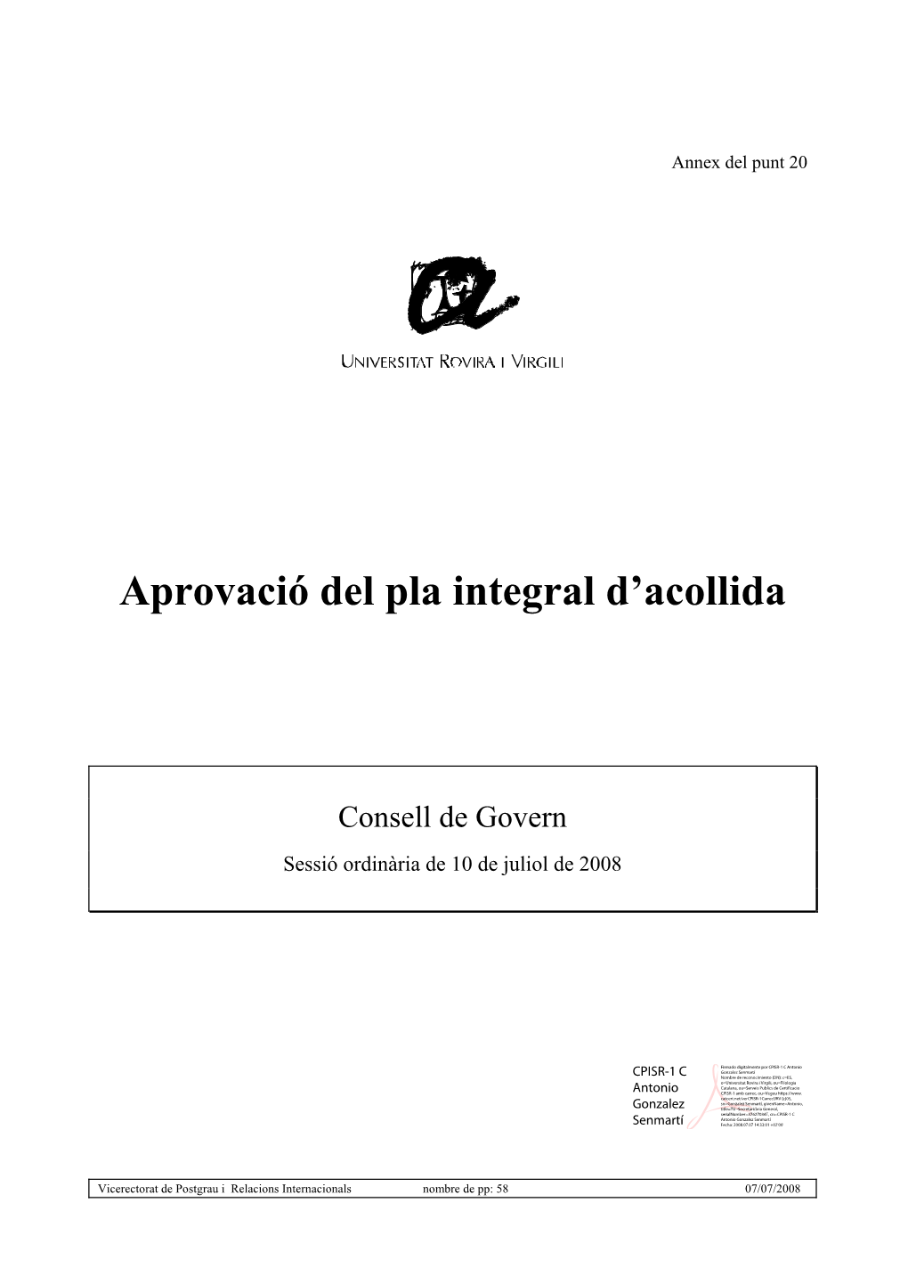 Aprovació Del Pla Integral D'acollida