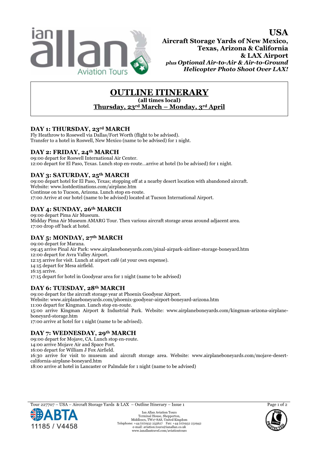 Usa Outline Itinerary