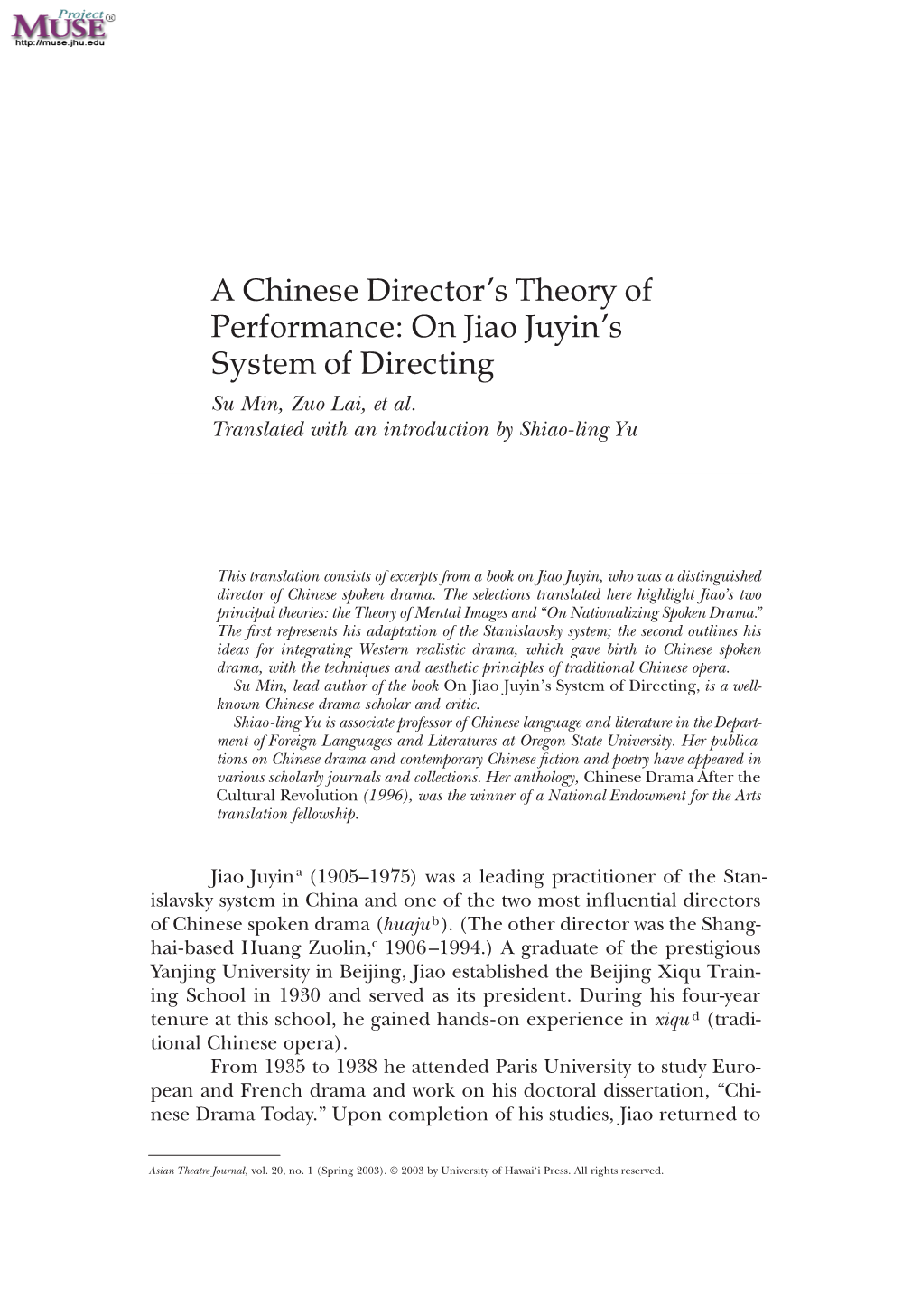 A Chinese Director's Theory of Performance: on Jiao Juyin's