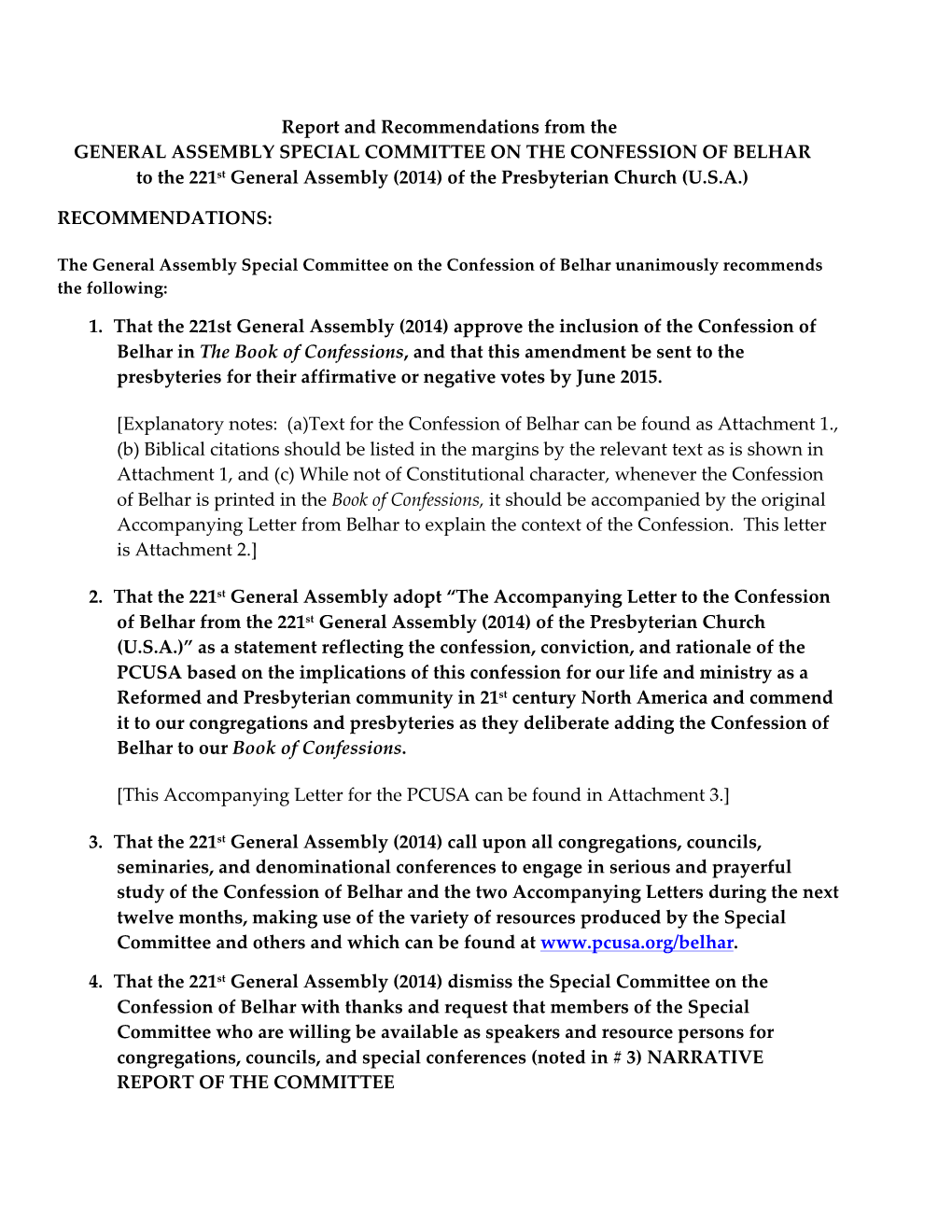 Report and Recommendations from the GENERAL ASSEMBLY