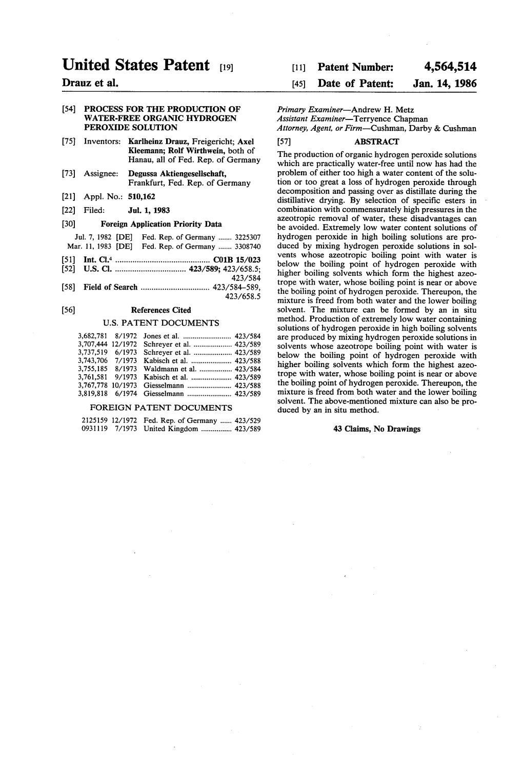 United States Patent (19) 11) Patent Number: 4,564,514 Drauz Et Al