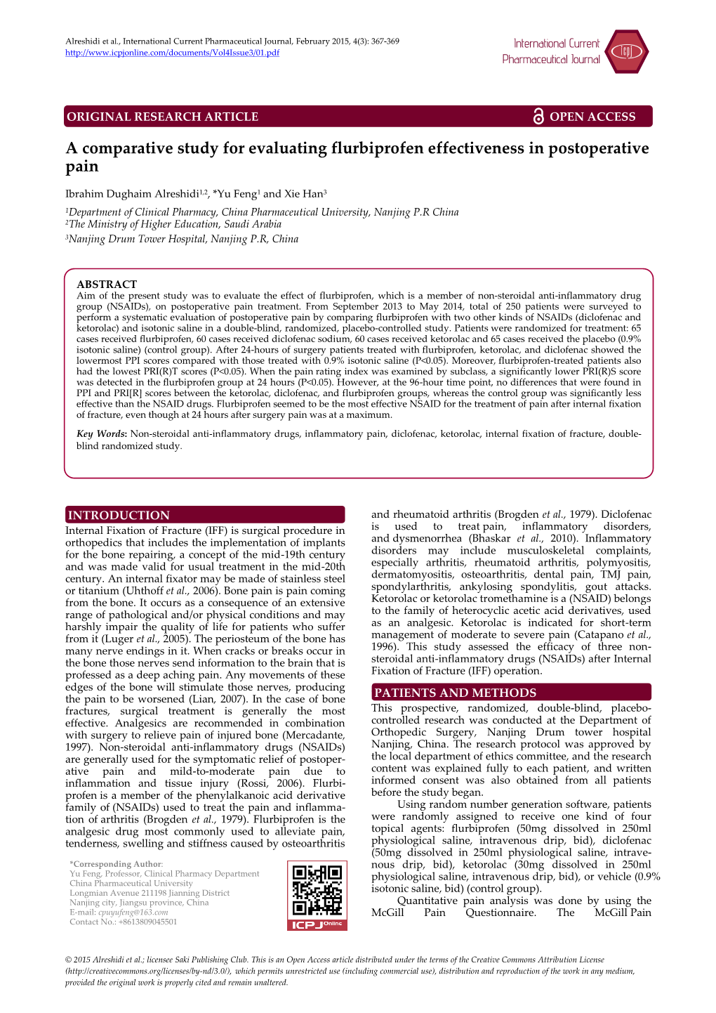 A Comparative Study for Evaluating Flurbiprofen Effectiveness in Postoperative Pain