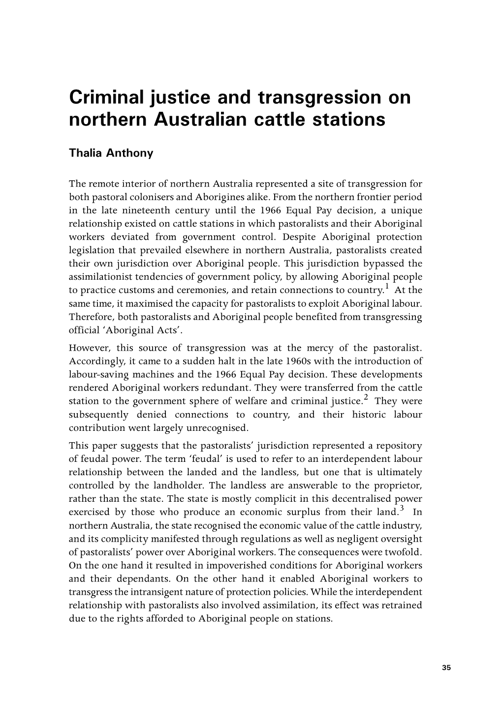 Criminal Justice and Transgression on Northern Australian Cattle Stations