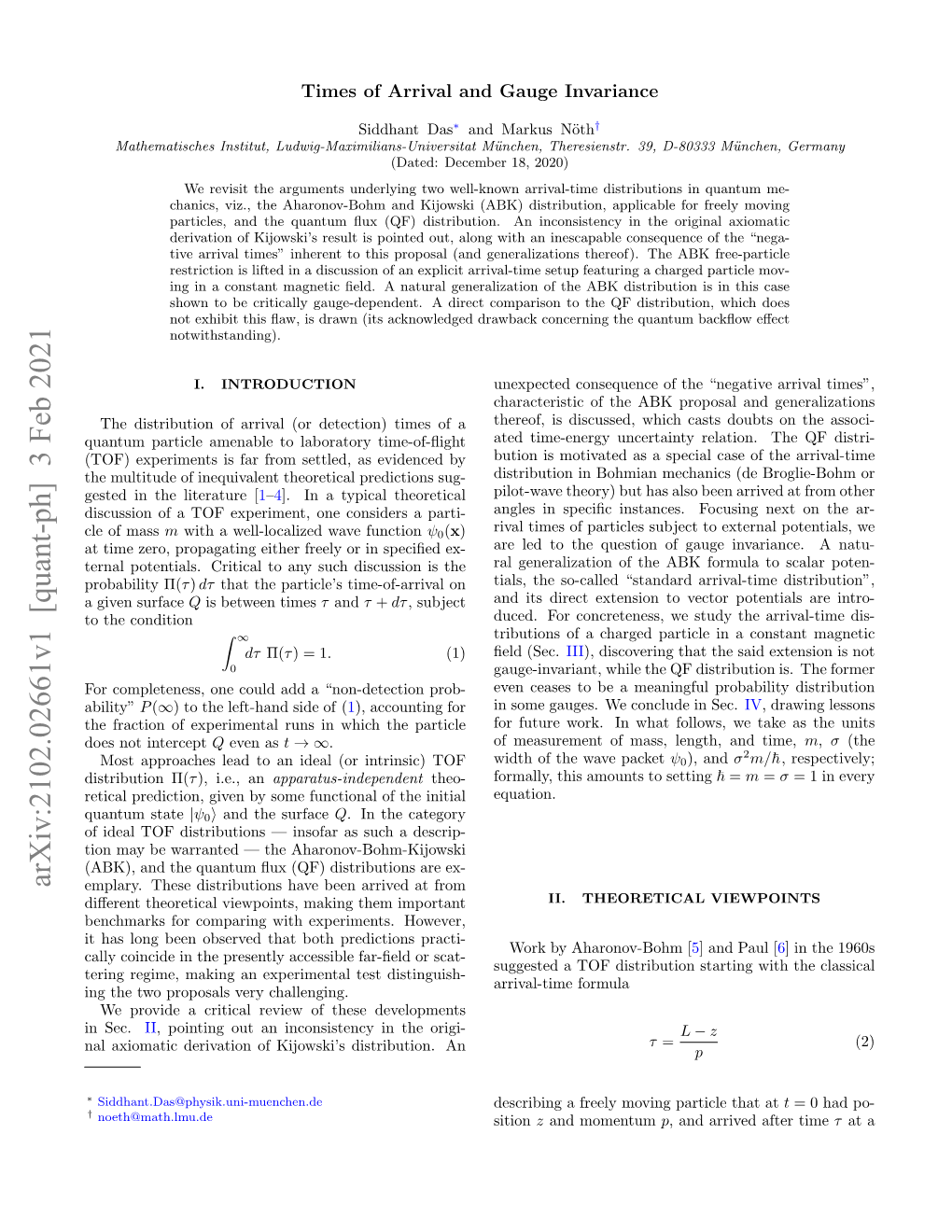 Times of Arrival and Gauge Invariance