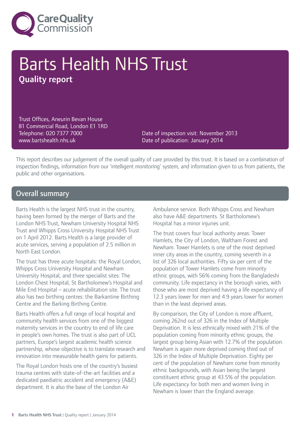 Barts Health NHS Trust Quality Report