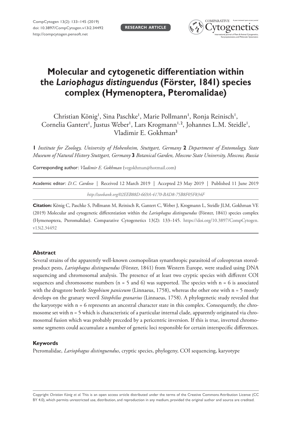 Molecular and Cytogenetic Differentiation Within the Lariophagus Distinguendus (Förster, 1841) Species Complex (Hymenoptera, Pteromalidae)