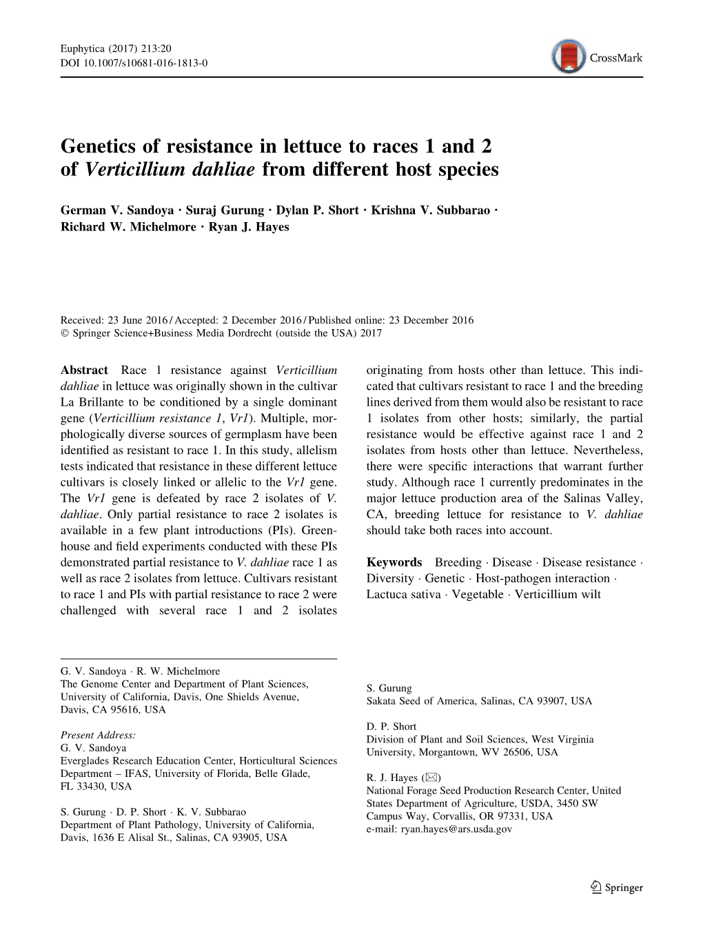 Genetics of Resistance in Lettuce to Races 1 and 2 of Verticillium Dahliae from Different Host Species