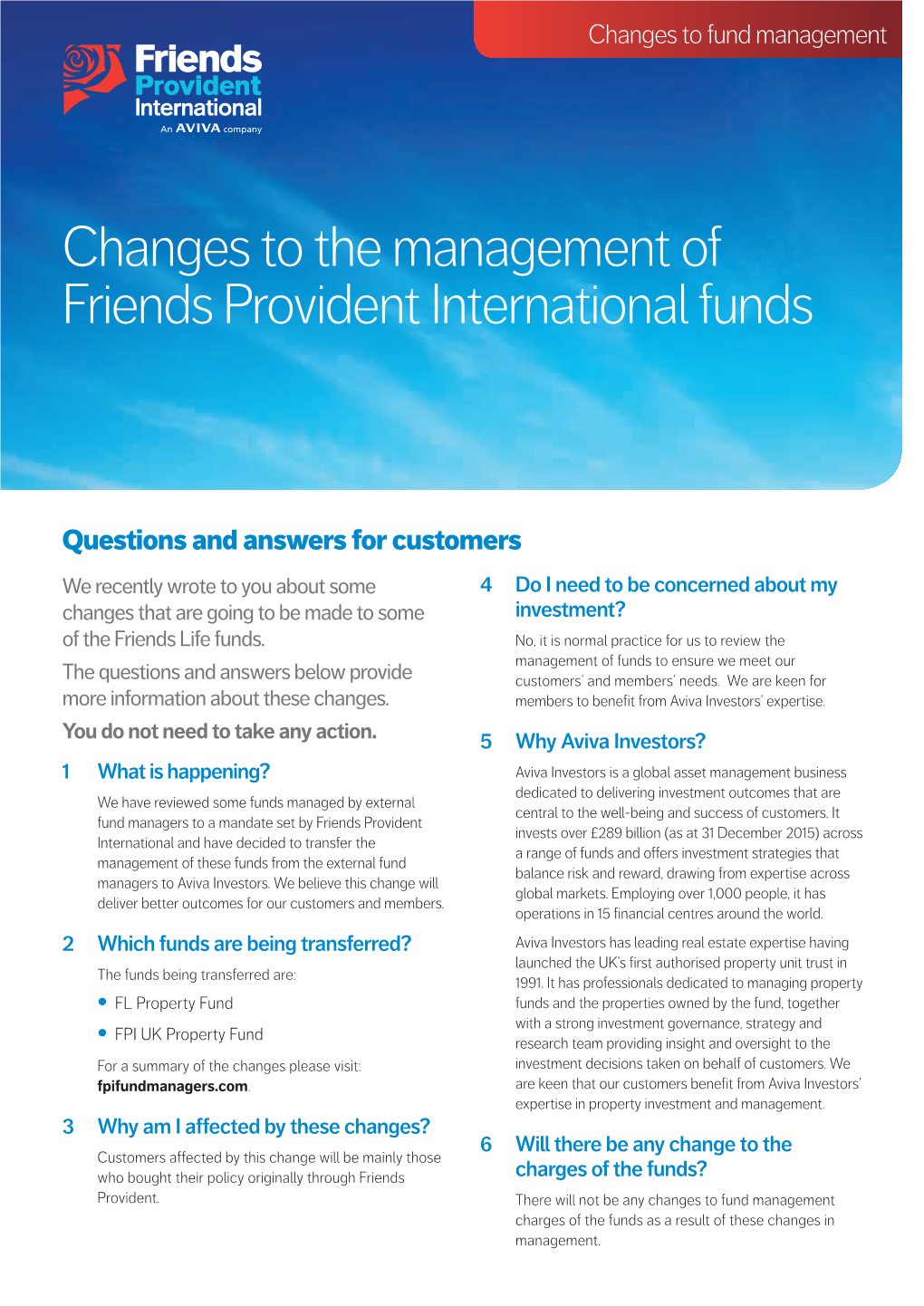 Changes to the Management of Friends Provident International Funds
