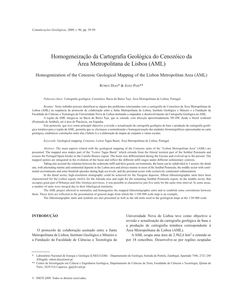 Homogeneização Da Cartografia Geológica Do Cenozóico Da Área Metropolitana De Lisboa (AML)