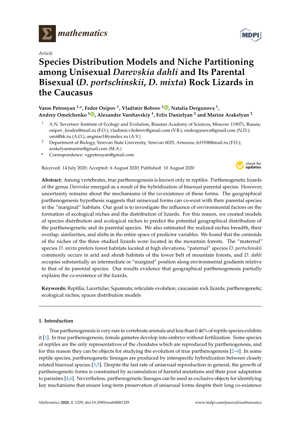 Species Distribution Models and Niche Partitioning Among Unisexual Darevskia Dahli and Its Parental Bisexual (D. Portschinskii, D. Mixta) Rock Lizards in the Caucasus