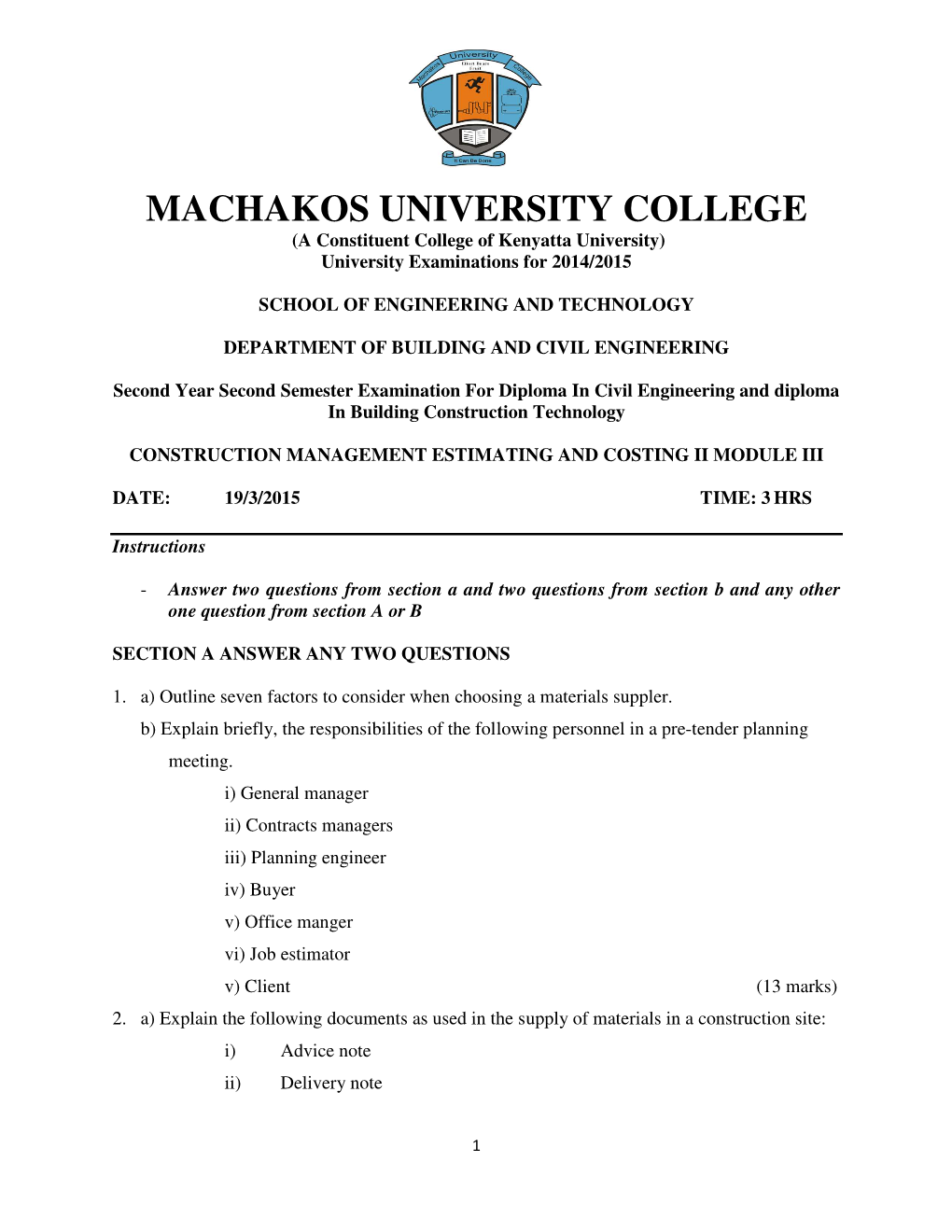 Construction Management Estimating and Costing Ii Module Iii