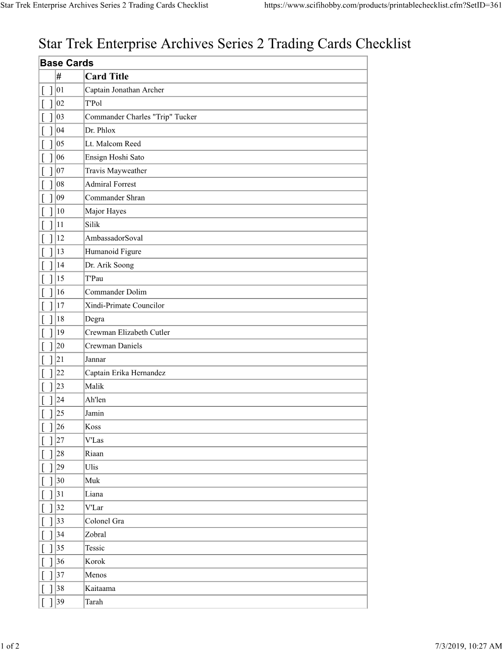 Star Trek Enterprise Archives Series 2 Trading Cards Checklist