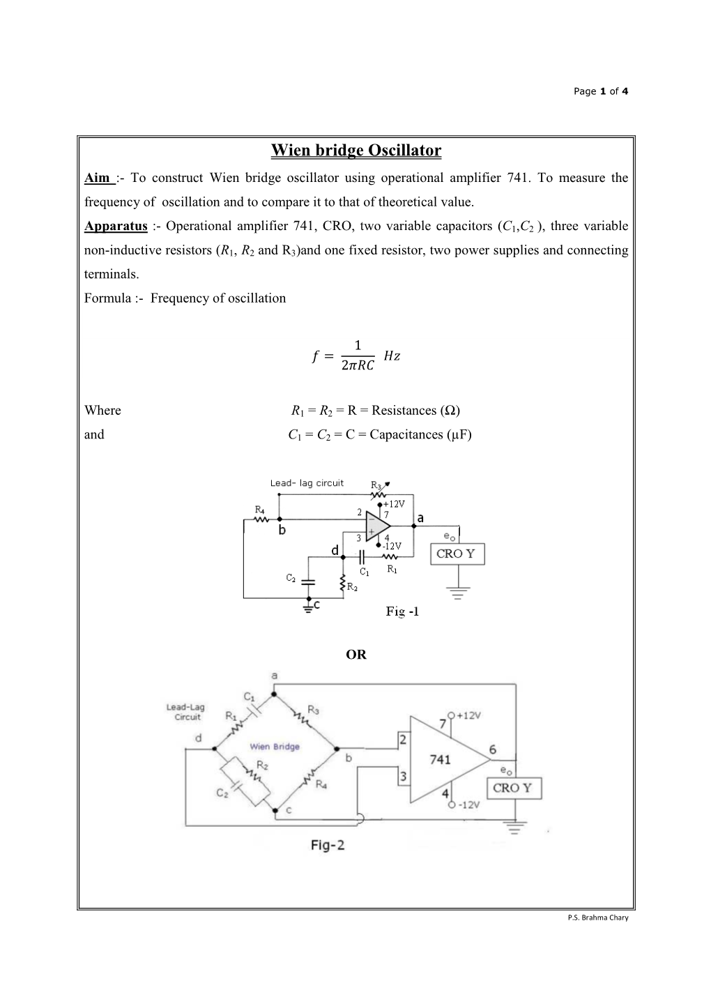 Operational Amplifier 741 As Wein Bridge Oscillator