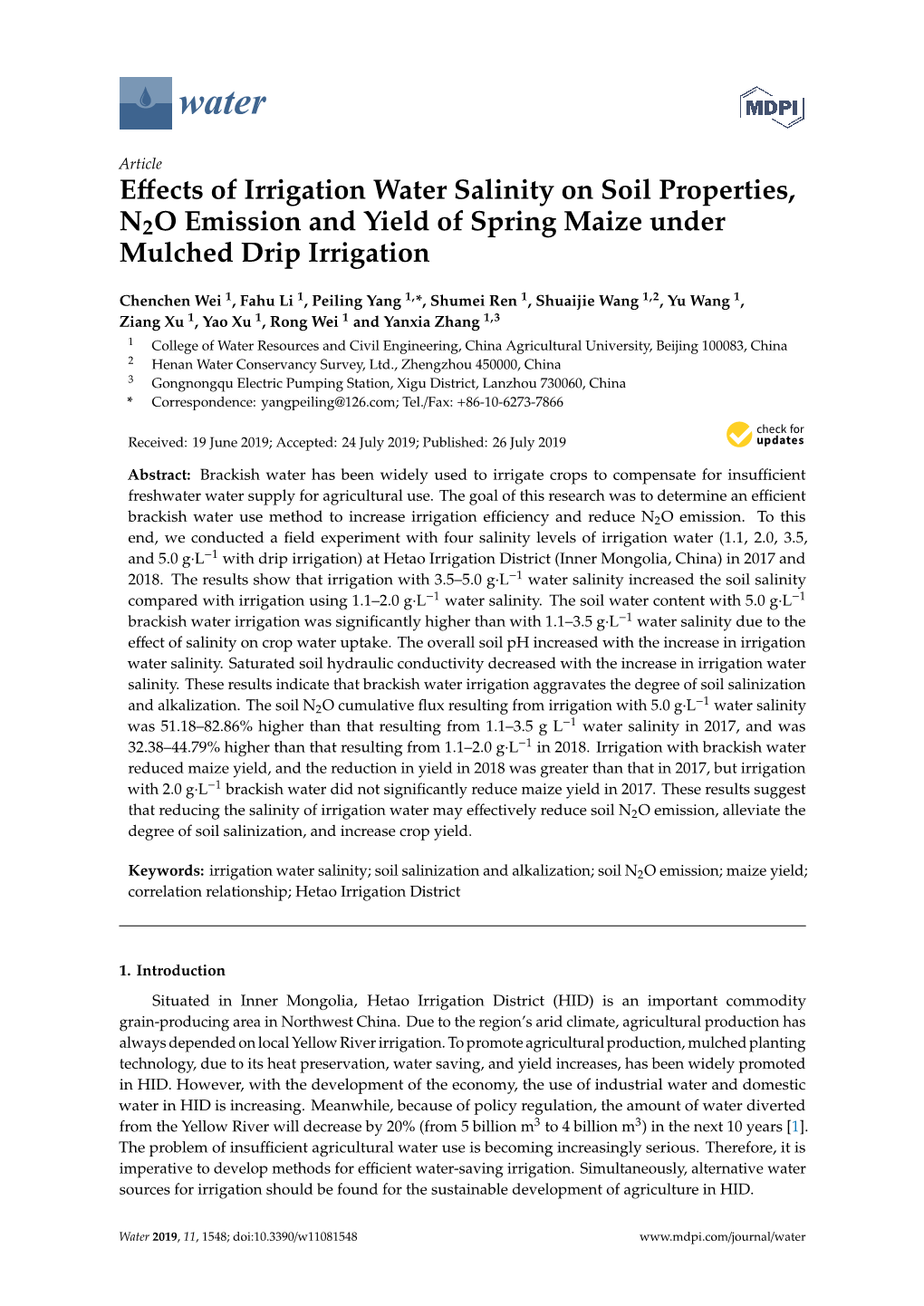 Effects of Irrigation Water Salinity on Soil Properties, N2O Emission and Yield of Spring Maize Under Mulched Drip Irrigation