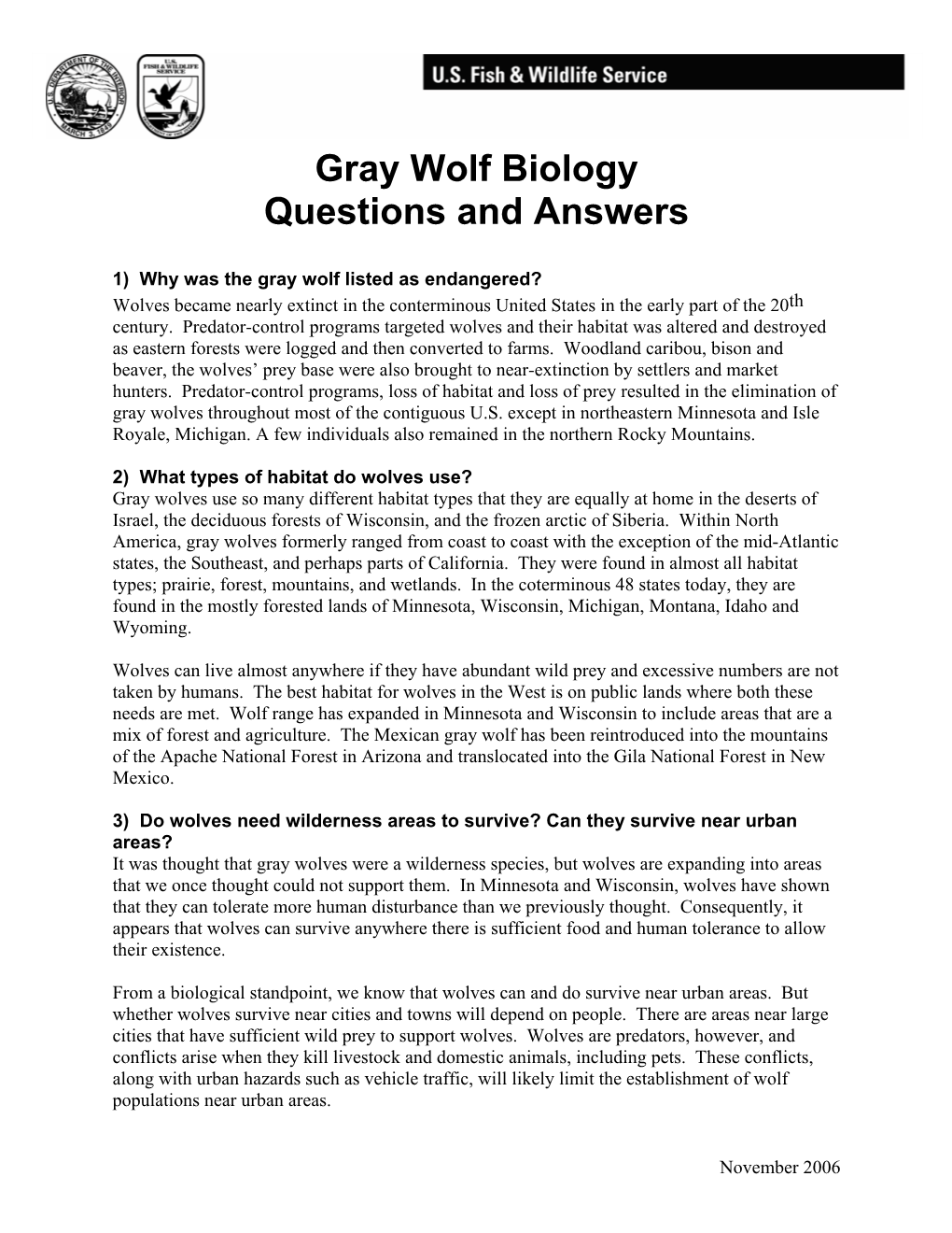 Gray Wolf Biology Questions and Answers