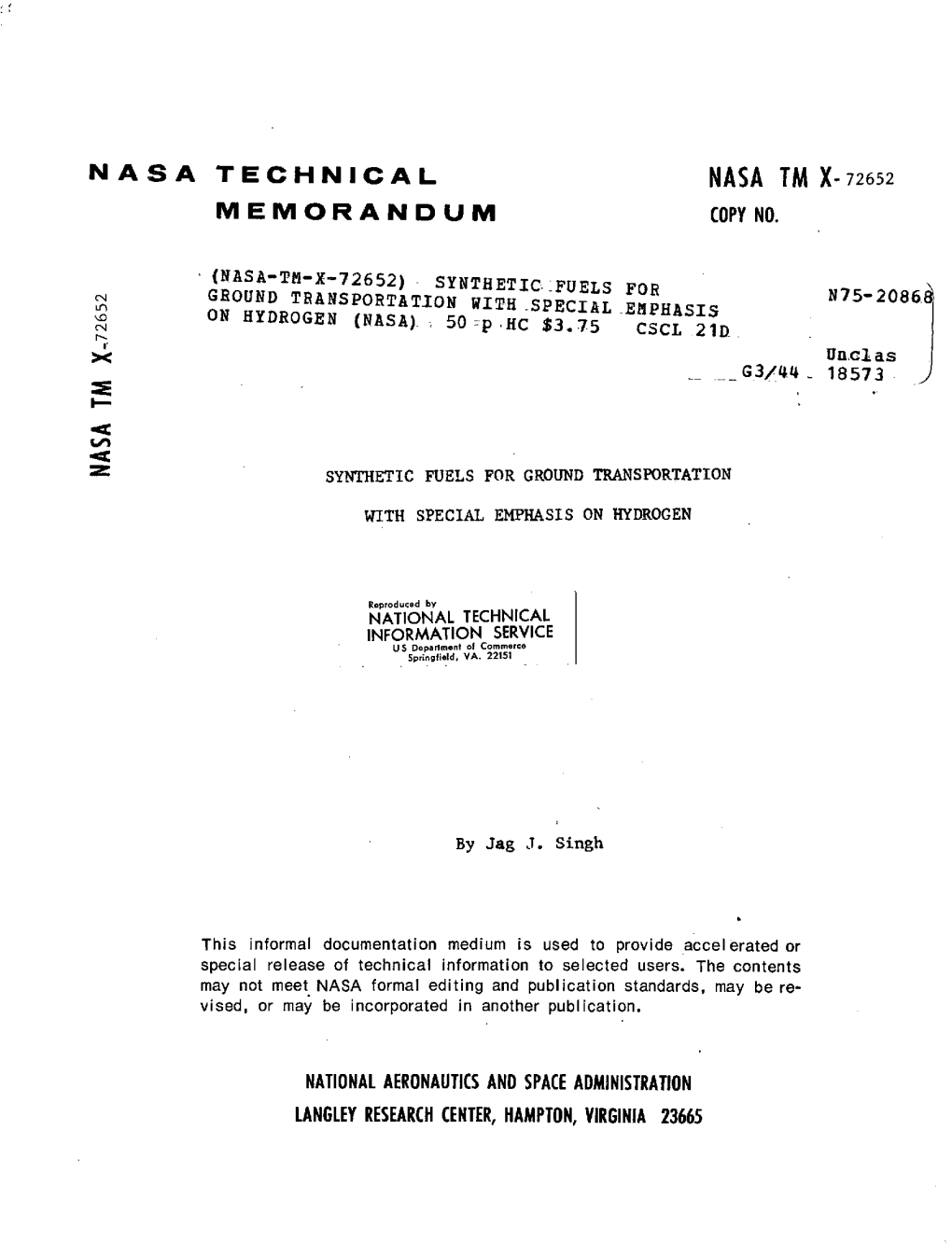 Nasa Tm X- 72652 Memorandum Copy No