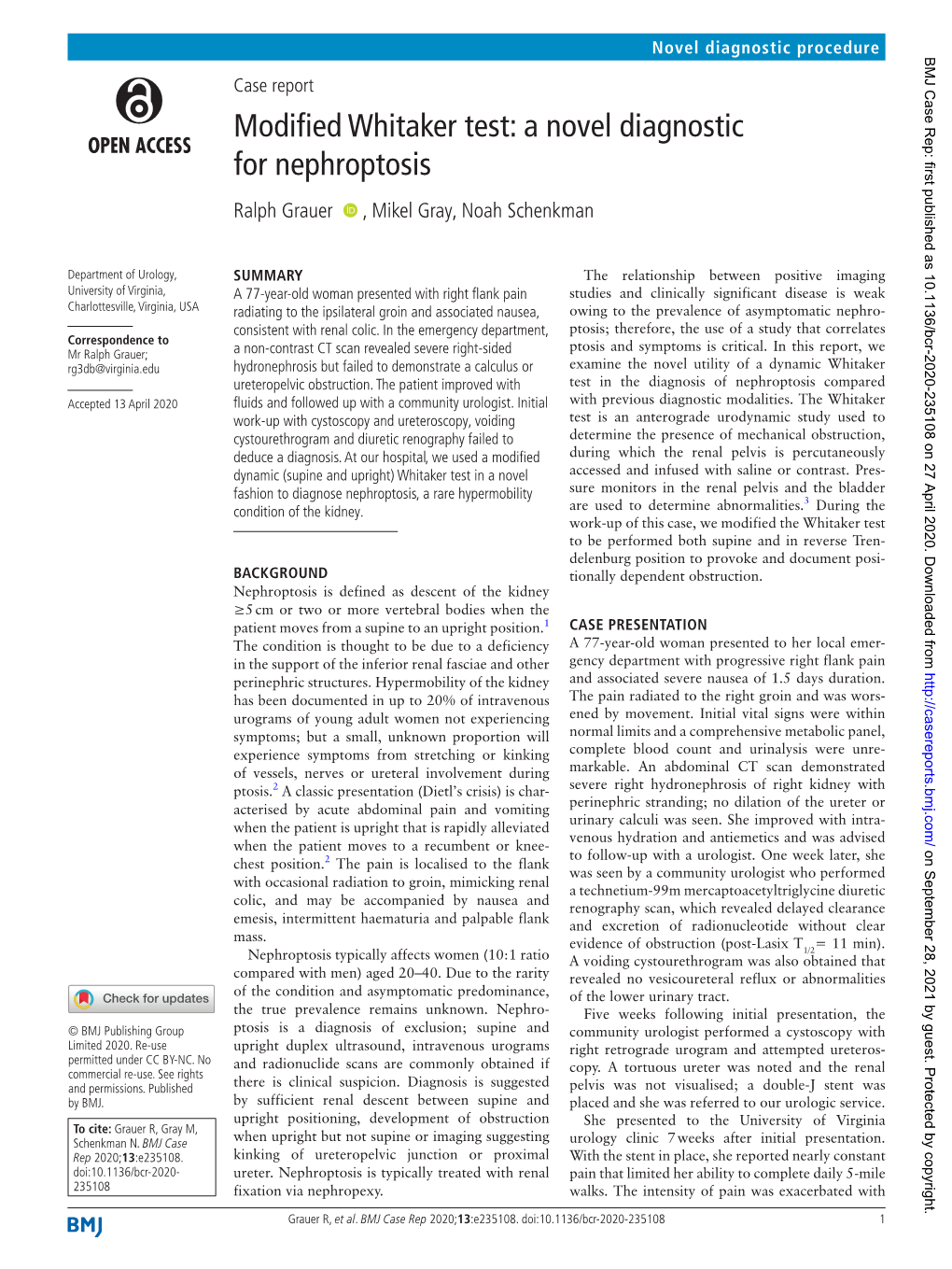 Modified Whitaker Test: a Novel Diagnostic for Nephroptosis Ralph Grauer ‍ ‍ , Mikel Gray, Noah Schenkman