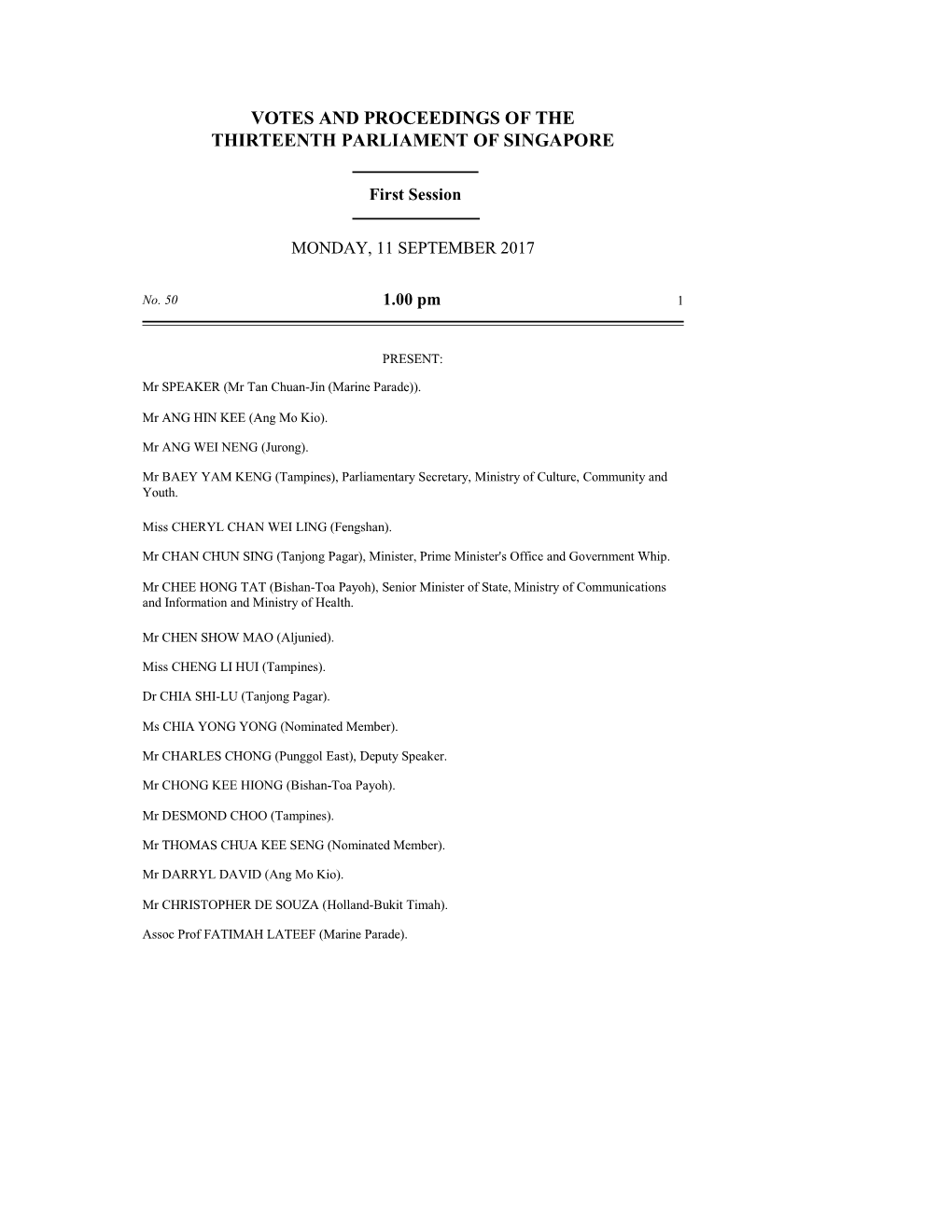 Votes and Proceedings of the Thirteenth Parliament of Singapore