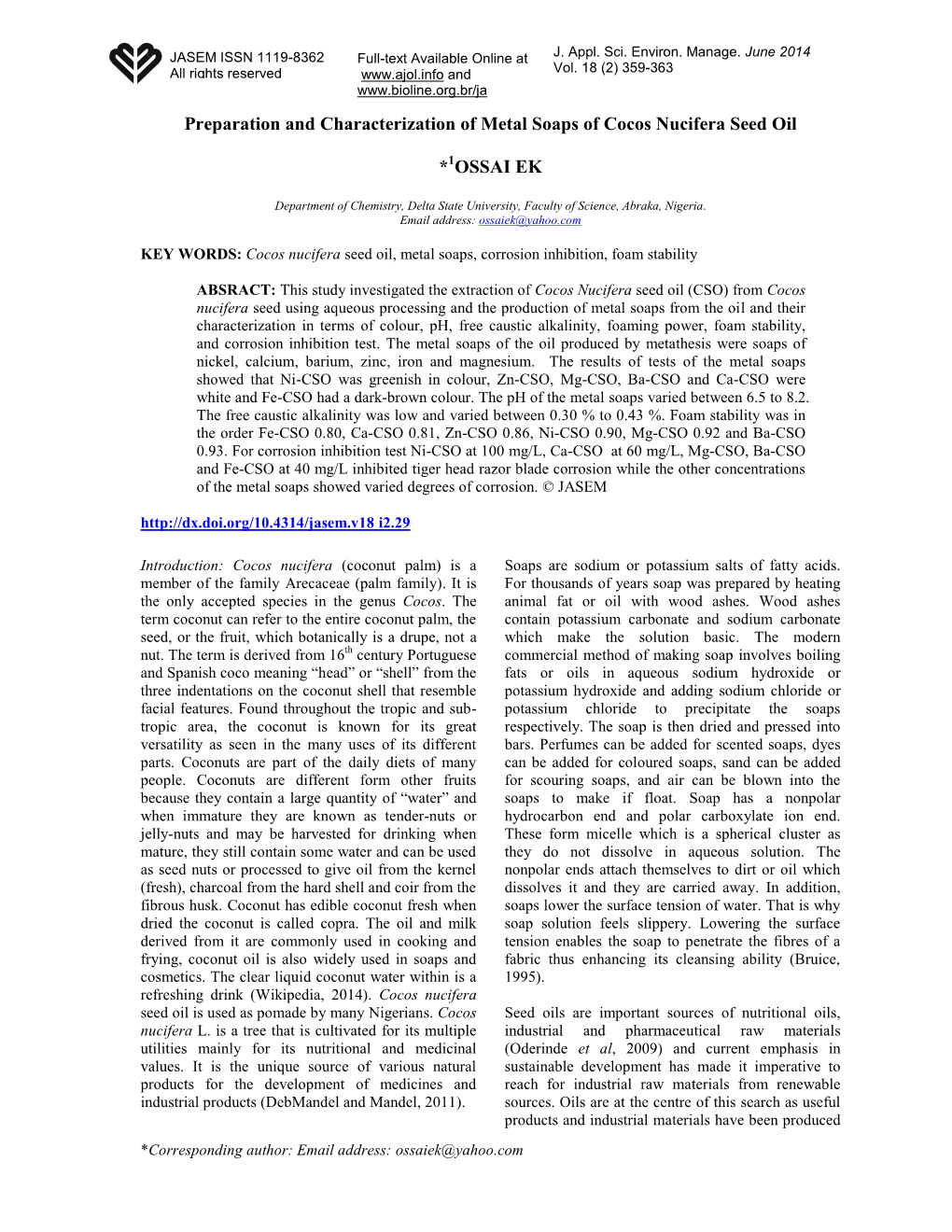 Preparation and Characterization of Metal Soaps of Cocos Nucifera Seed Oil