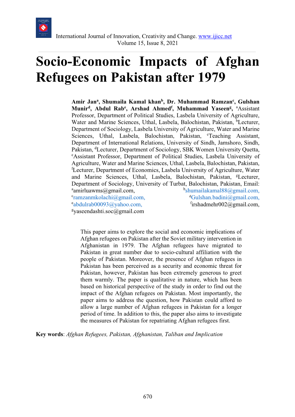 Socio-Economic Impacts of Afghan Refugees on Pakistan After 1979