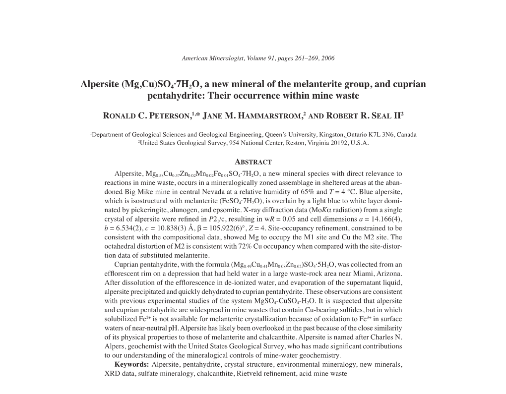 Alpersite (Mg,Cu)SO4·7H2O, a New Mineral of the Melanterite Group, and Cuprian Pentahydrite: Their Occurrence Within Mine Waste