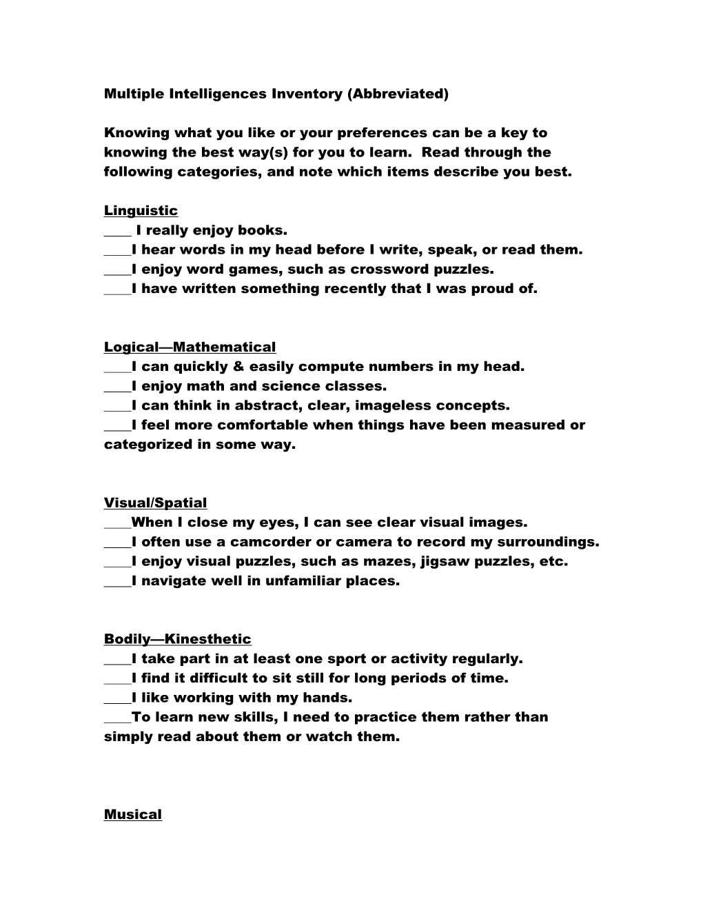 Multiple Intelligences Inventory (Abbreviated)