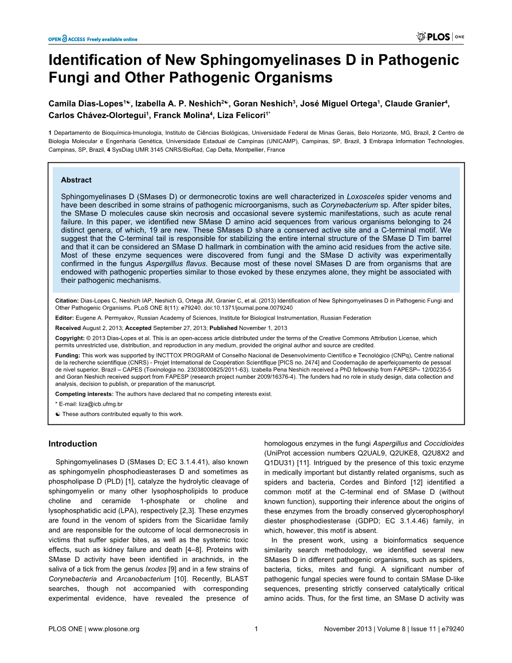 Identification of New Sphingomyelinases D in Pathogenic Fungi and Other Pathogenic Organisms