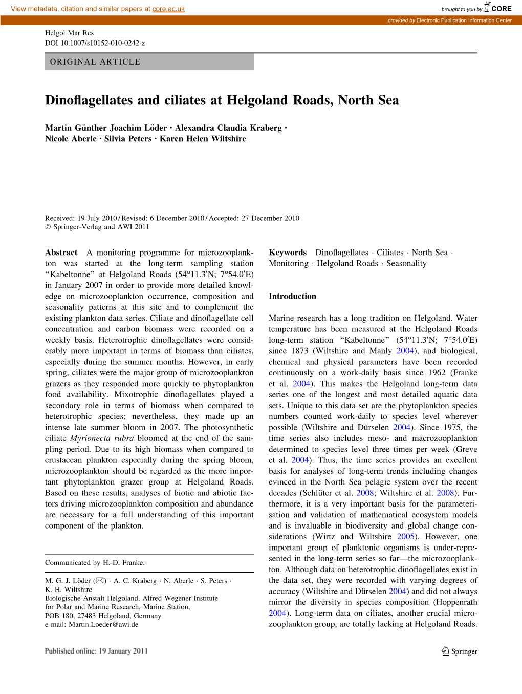 Dinoflagellates and Ciliates at Helgoland Roads, North