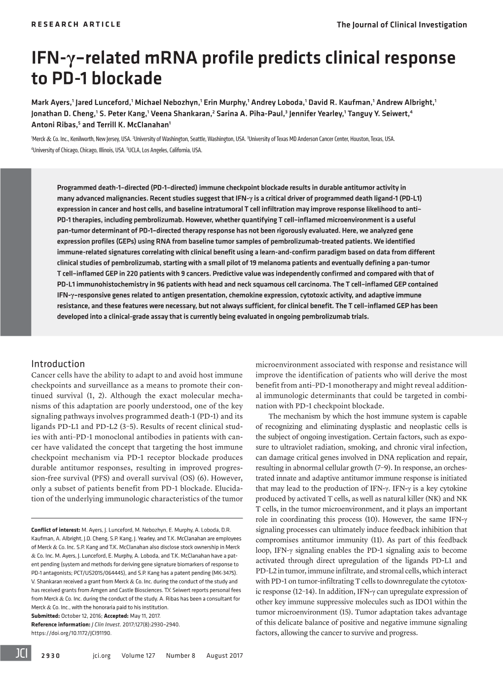 IFN-Γ–Related Mrna Profile Predicts Clinical Response to PD-1 Blockade