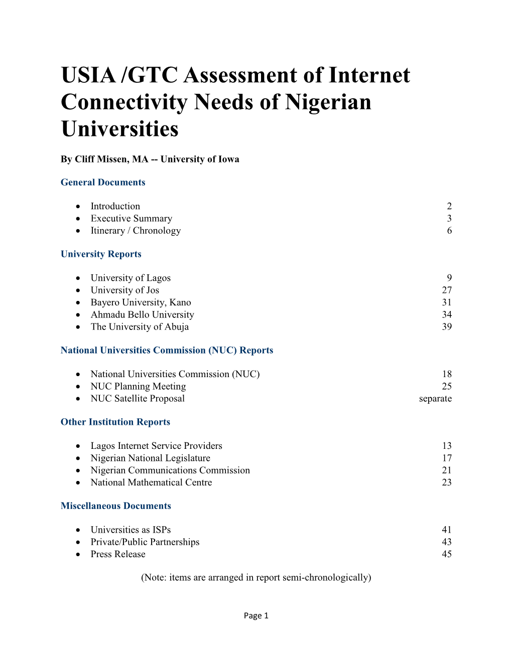 USIA /GTC Assessment of Internet Connectivity Needs of Nigerian Universities