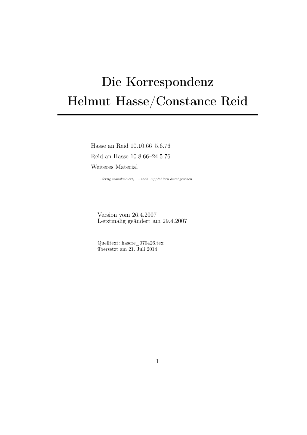 Die Korrespondenz Helmut Hasse/Constance Reid