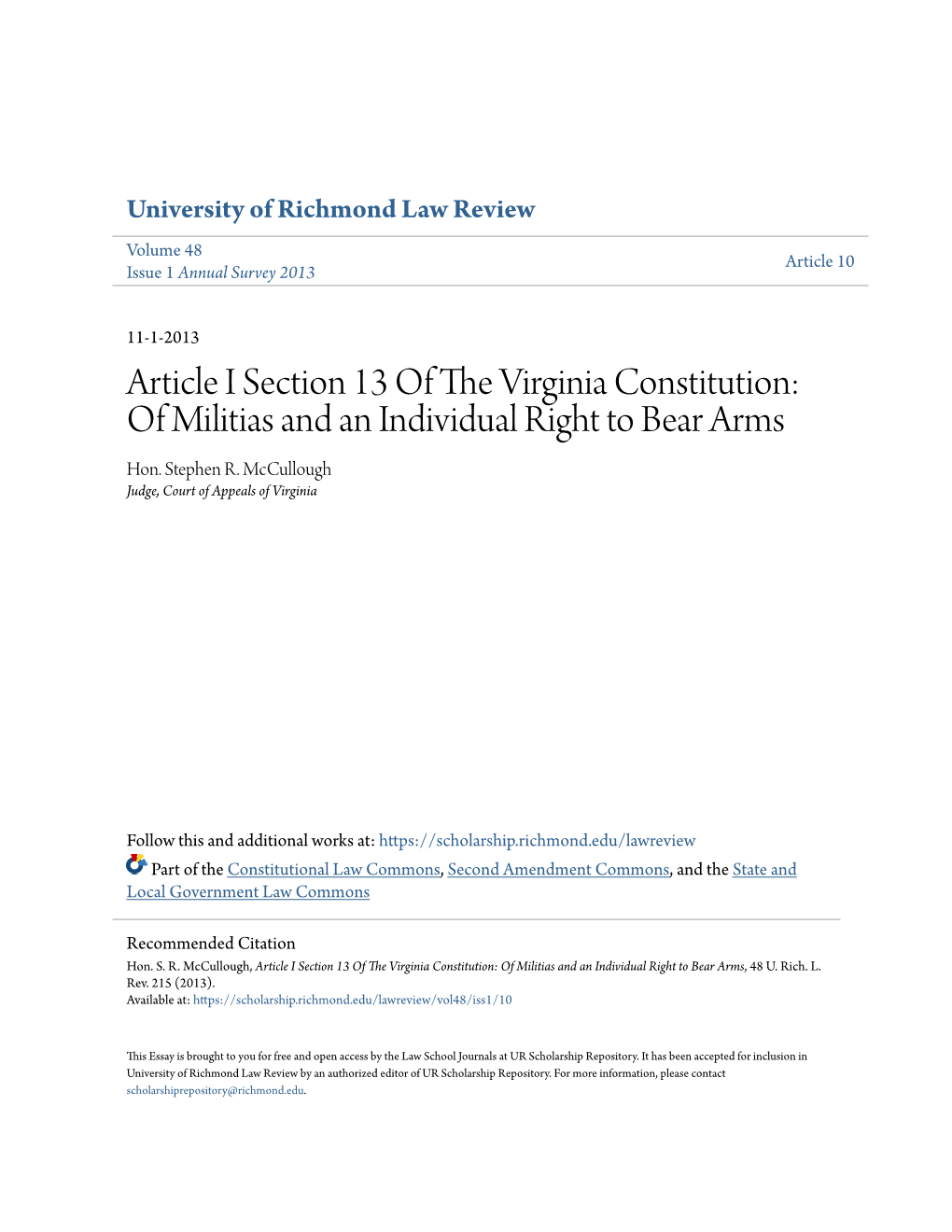 Article I Section 13 of the Virginia Constitution: of Militias and an Individual Right to Bear Arms, 48 U