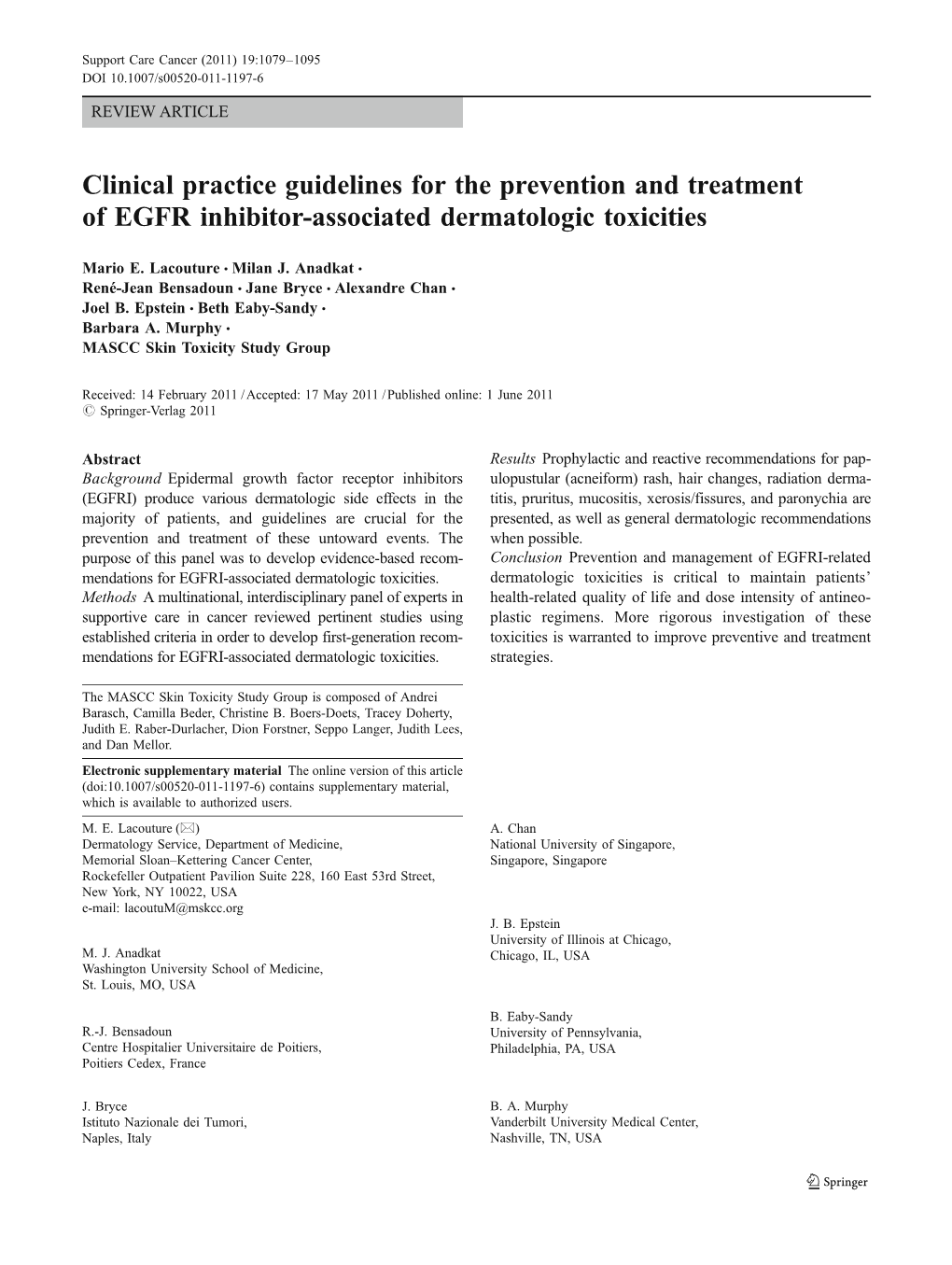 Clinical Practice Guidelines for the Prevention and Treatment of EGFR Inhibitor-Associated Dermatologic Toxicities