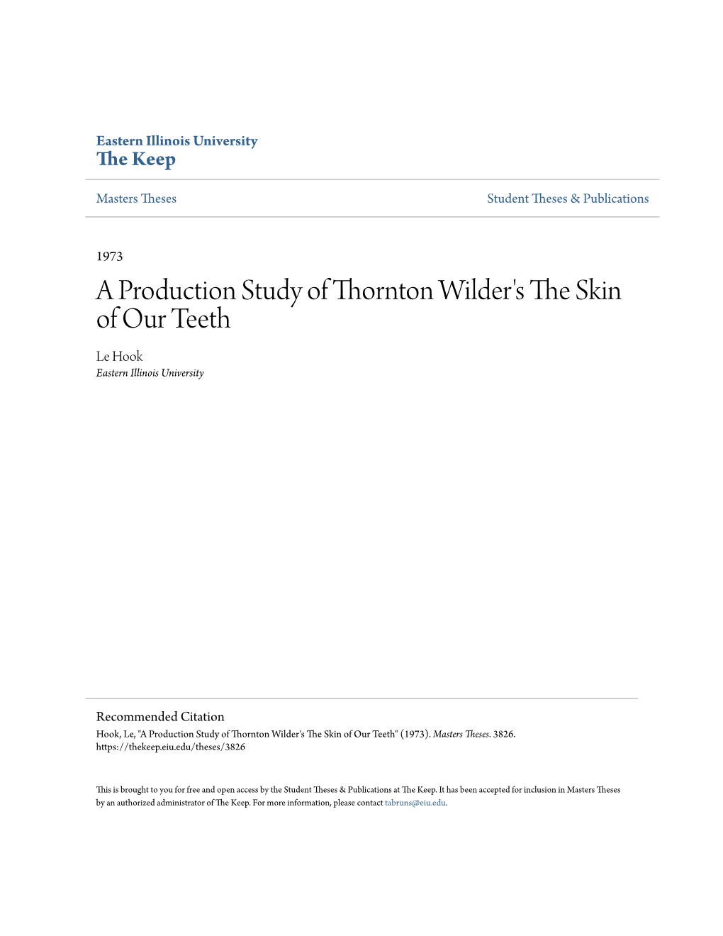 A Production Study of Thornton Wilder's the Skin of Our Teeth