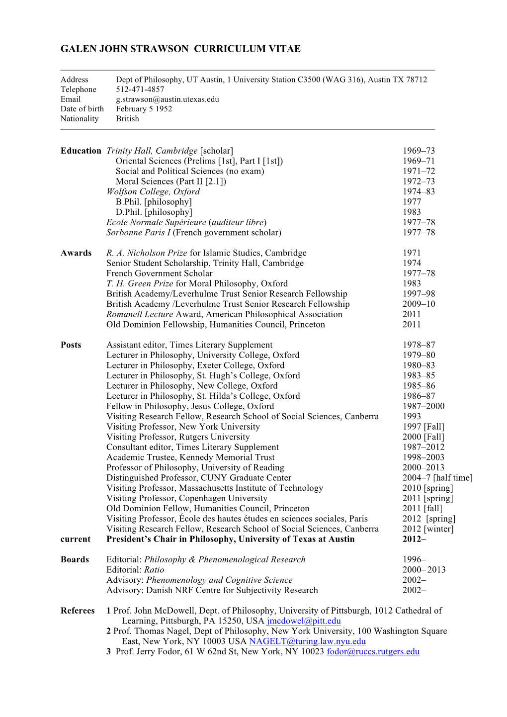 Galen John Strawson Curriculum Vitae