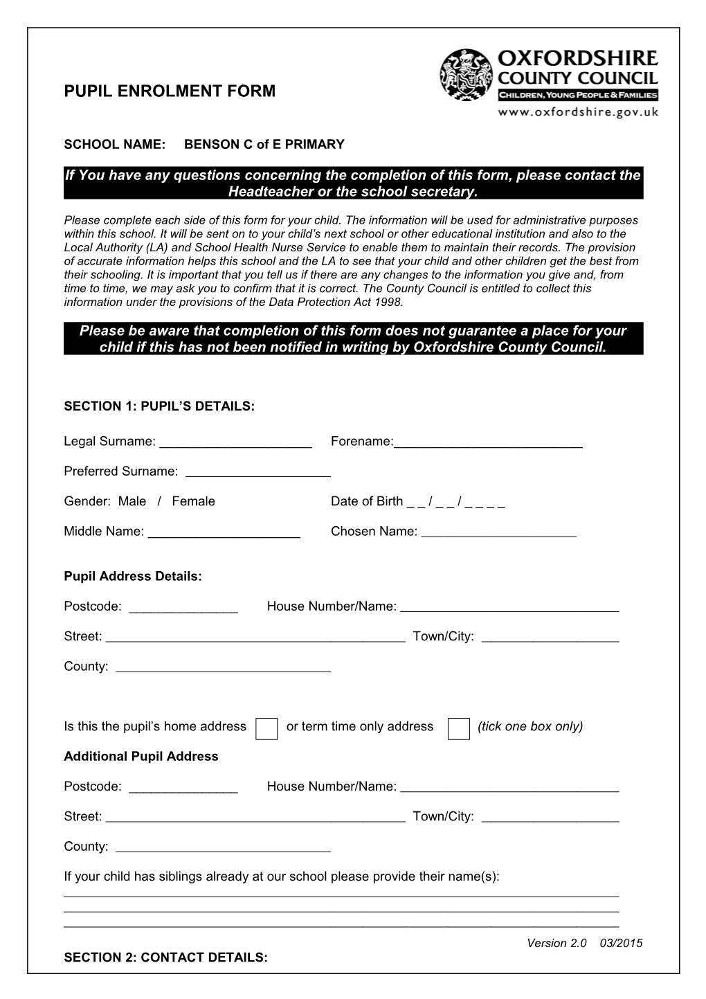 Pupil Admission Form