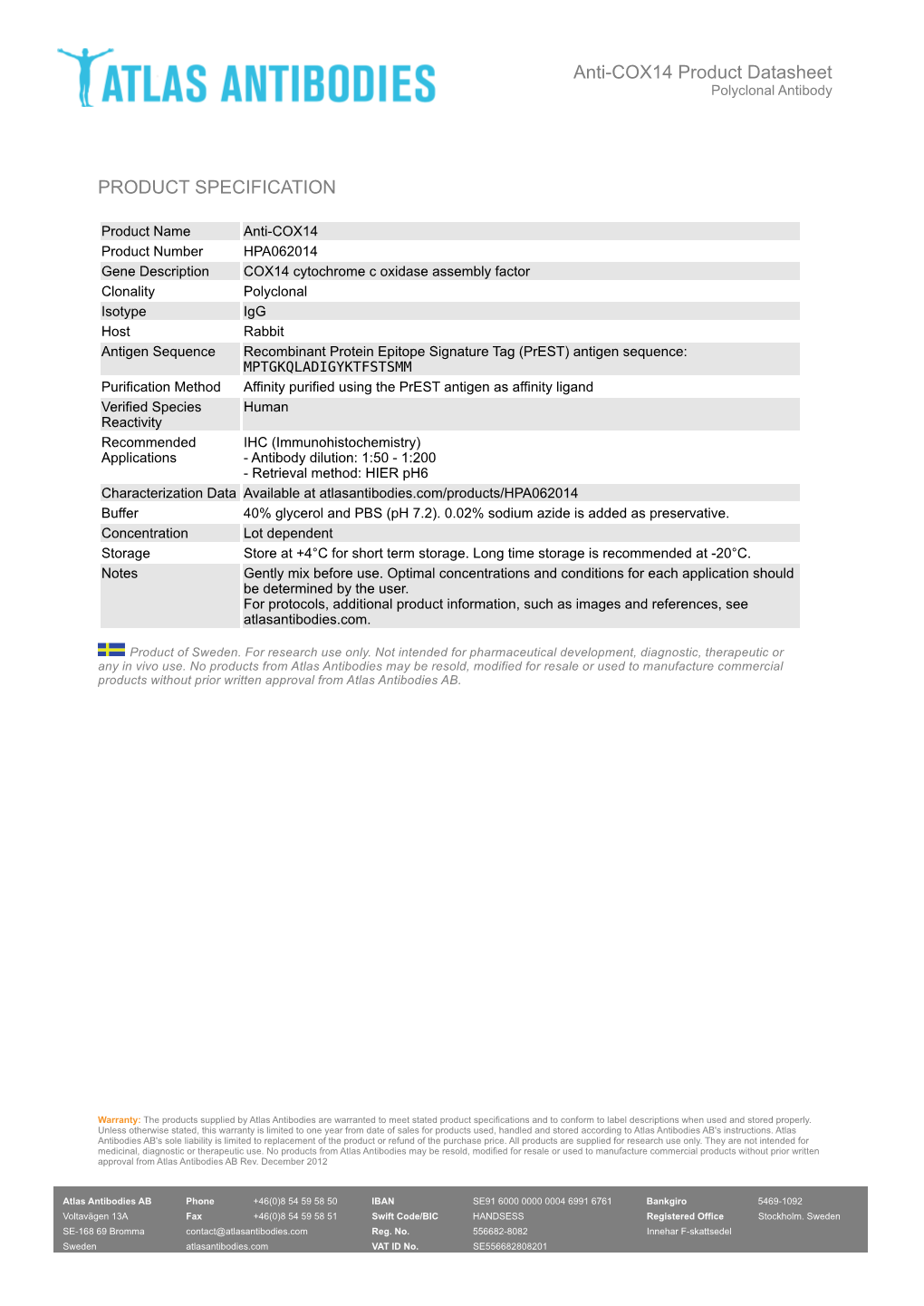 PRODUCT SPECIFICATION Anti-COX14 Product Datasheet