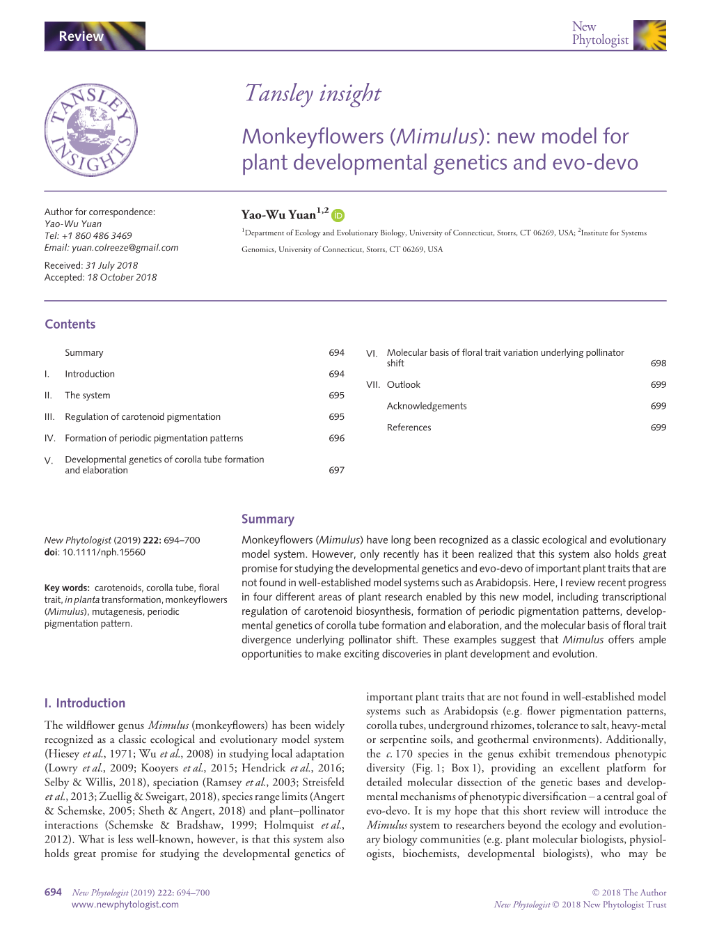 (Mimulus): New Model for Plant Developmental Genetics and Evo-Devo