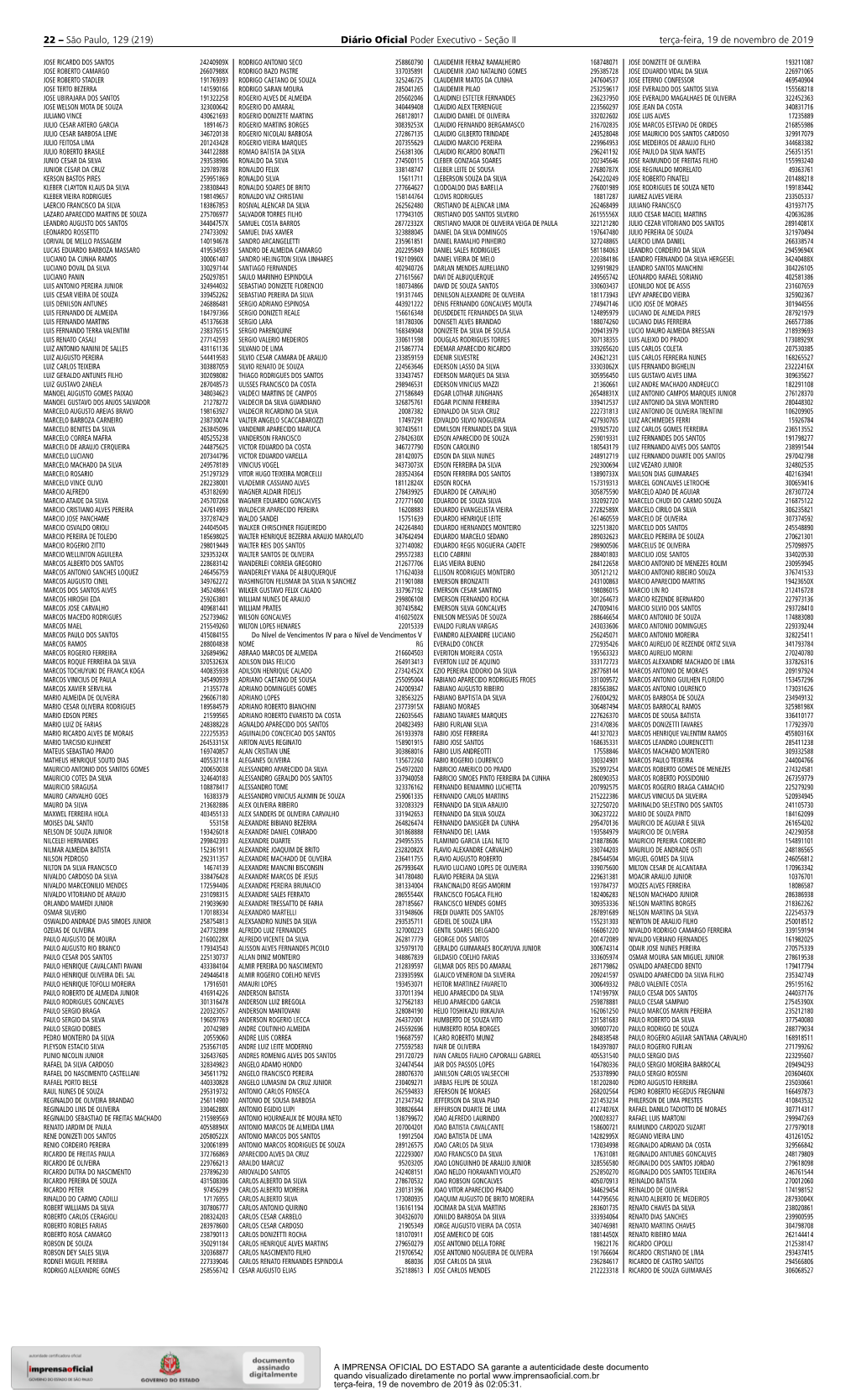 22 – São Paulo, 129 (219) Diário Oﬁ Cial Poder Executivo - Seção II Terça-Feira, 19 De Novembro De 2019