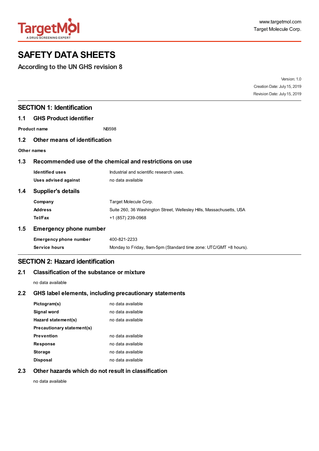 SAFETY DATA SHEETS According to the UN GHS Revision 8